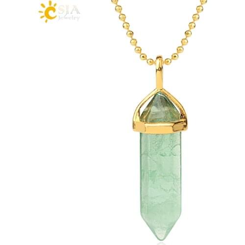 CSJA Natural Stone Green Fluorite Pendants Necklaces Gold-color Hexagonal Prism Two Pointed Crystal Necklace Female Jewelry G461