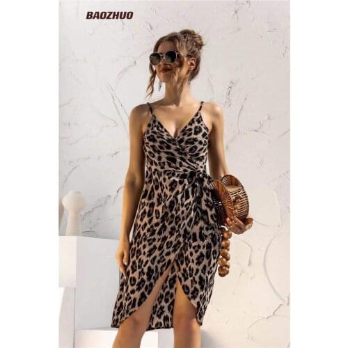 BaoZhuo 18 Styles Leopard Print Sexy Dress Women 2021 Summer Fashion Spaghetti Boho Beach Party Sleeveless V-Neck Midi Dresses