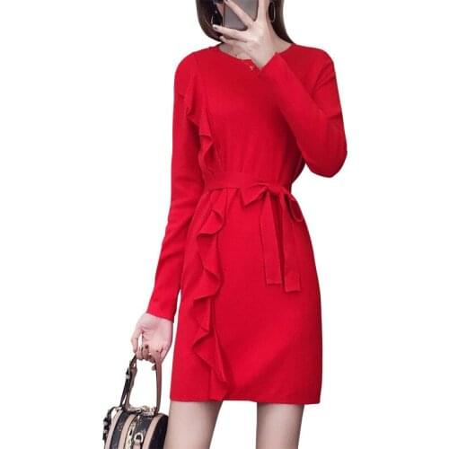 2019 New Elegant Autumn Winter Sweater Dress Loose O Neck Slim Long Sleeve Solid Mini Knitted Dress Female Casual Fashion FemmeD