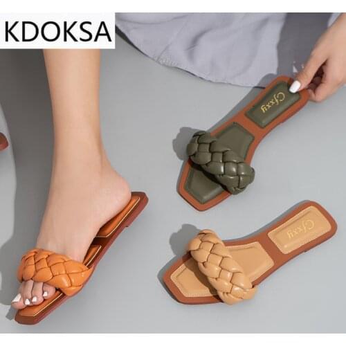 2020 Woven Slippers Women Slip On Slides Fashion Brand Square Toe Leather Flat Sandals Female Outdoor Casual Slippers Flip Flops