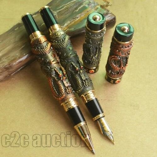 FOUNTAIN PEN COPPER ROLLER BALL PEN SET 0.7mm BROAD NIB 2 PCS JINHAO TWO DRAGON PLAY PEARL BRASS