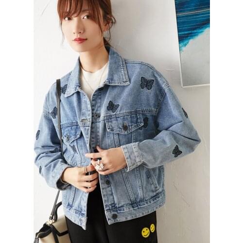 Denim New Butterfly Embroidery Jacket Loose silhouette long sleeve short coat European and American street