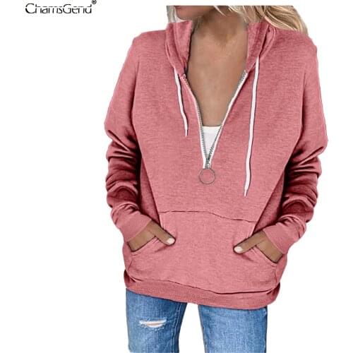 Women Hoodies Casual Harajuku Solid Color Hoodie Autumn Female Half Zip Hooded Sweatshirt Women Long Sleeve Sudadera Mujer