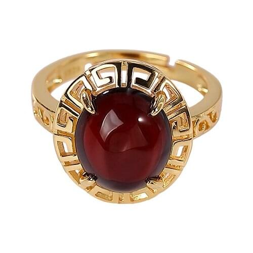 S925 sterling silver gold-plated natural blood amber ring graceful personality return hollow Womens Open ring