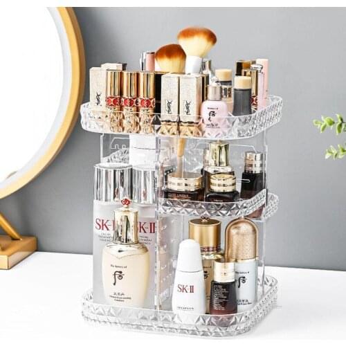 Cosmetic Storage Box Makeup Stand Bathroom Plastic Box Diamond Pattern 360 Degree Rotation Transparent makeup organizer