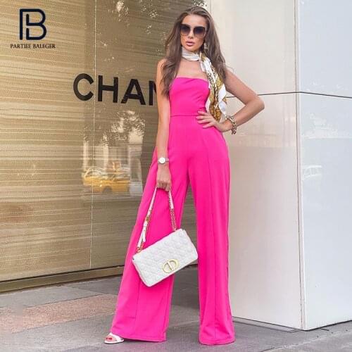 PB Trendy Hot Pink Jumpsuit Sexy Starpless Pocket Design Sleeveless Celebrity Party Club Free Shipping