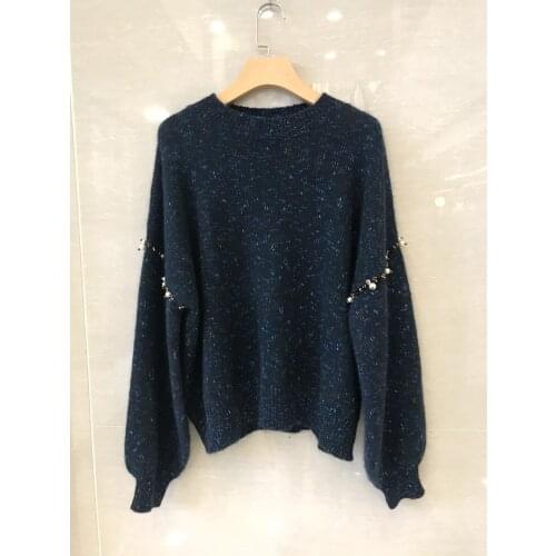Fashion ladies 2021 new long sleeve sexy casual cuff stitching pearl sweater 1102