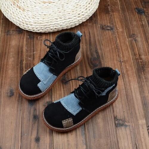 Mori Literary Short Boots Mixed Colors Thick-Sole Big Head Doll Shoes Plus Velvet Warm Wool Mouth Ankle Boots Retro Martin Boots