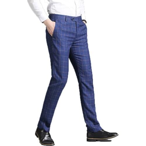 2020 Men Pure Color Fashion Business Formally Suit Pants Male Leisure Pants Trousers Classic Slim Fit Plaid Suit Pants Men 29-38