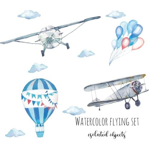 Watercolor airplane hot air balloon wall sticker kids baby rooms home decoration PVC mural decals nursery stickers wallpaper