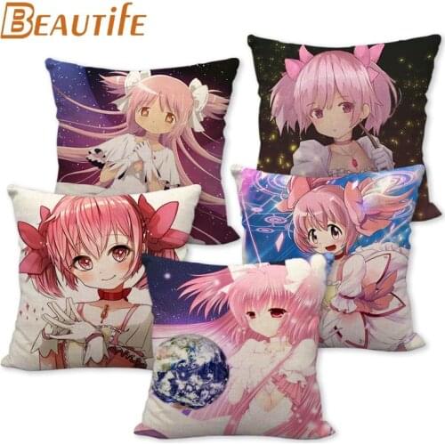Custom Kaname Madoka Pillowcase Cartoon Wedding Decorative Cotton Linen Pillow Case For Home Pillow Cover 45X45cm One Side