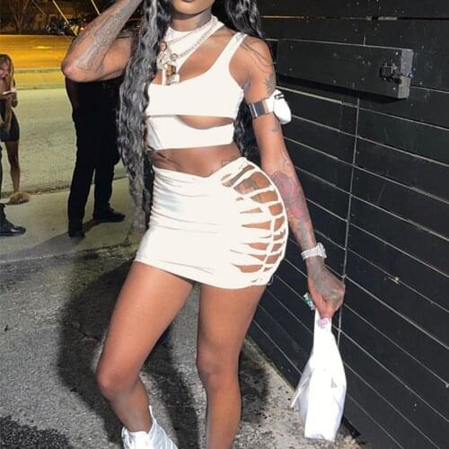 Nibber Solid Sexy Womens Two-Piece Sets Hollow Out Sexy Bandage Crop Top Mini Hip Skirt Stitching Clubwear Outfits Hot Deals