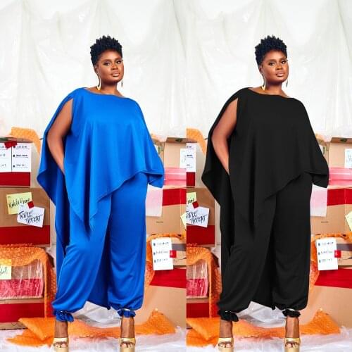 New Style Plus Size Womens One-Neck Loose Top and Trousers (with Pockets) Casual Suit