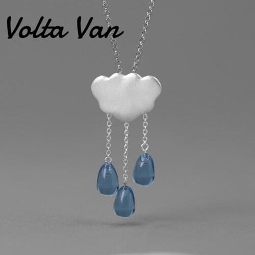 Volta Van 925 Sterling Silver Pendant Necklaces 2021 New Elegant Blue Crystal Water Drop Clouds Tassel Party Silver Necklace