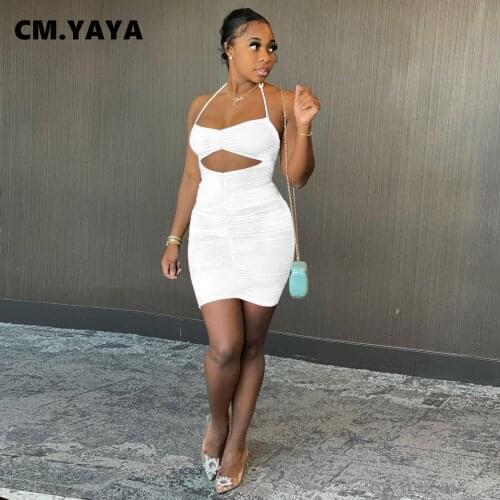 CM.YAYA Sexy Cut Out Front Halter Sleeveless Womens Ruched Mini Dress Streetwear Basic Bodycon Stacked Dresses