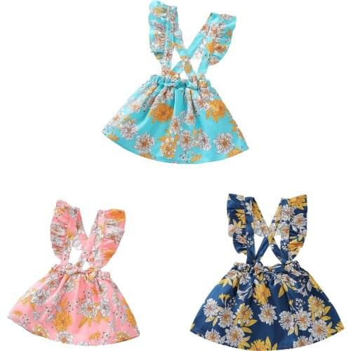 2-6Years Baby Strap Dress with Bow Decoration, Flower Print Ruffle Design Elastic Waist Summer Clothing