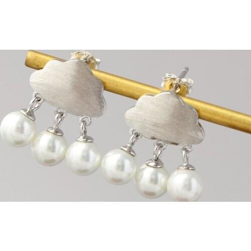 Authentic 925 Sterling Silver Trendy Style Charm Eardrop Inlaid Imitation Pearl Cloud Mass Raindrop Silver Earring Jewelry Gift