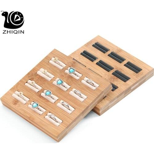 12 Grids Bamboo Rings Display Tray Velvet/PU Display Stand Holder Jewelry Organizer Jewelry Holder Showcase 16*16*2cm