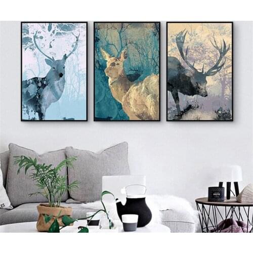 HAOCHU Forest Decayed Tree & Deer Poster Virtual Actual Winter Landscape Art Picture Canvas Painting for Living Room Wall Decor