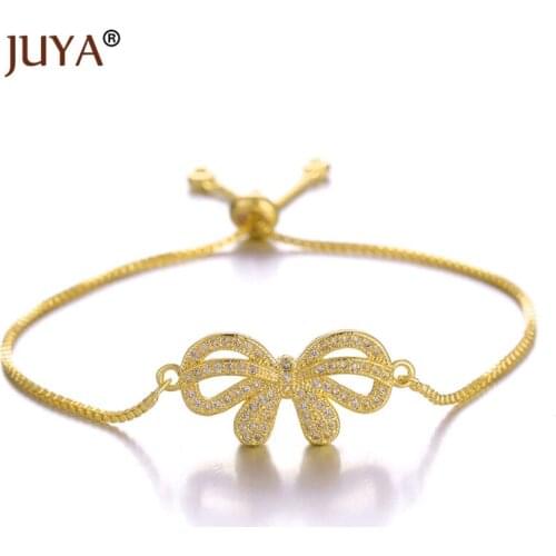 Luxury AAA+ Cubic Zirconia Bow Charm Bracelets For Women Girl Wedding Party Jewelry Gift /Gold Color Adjustable Chain