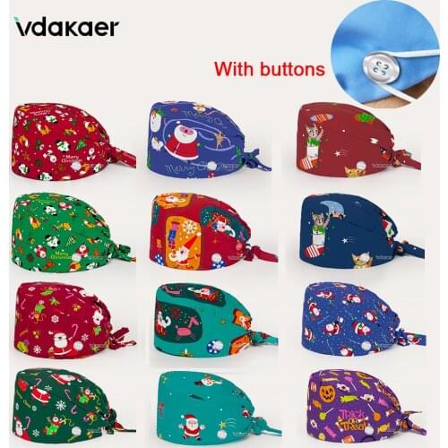 With Buttons Santa Claus print hats adjustable Scrub cap beauty salon nursing cap laboratory accessories scrubs Christmas hats