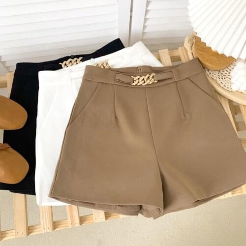2021 New Summer Fashion All-match solid color Shorts metal chain high waist slim Suit Shorts casual wide leg Shorts