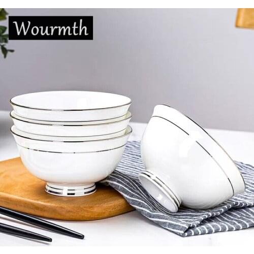 Wourmth Ceramic Rice Bowl White Gold Edge Noodle soup Bowl Set Large Capacity Bone china Bowl Household Anti-scalding high bowl