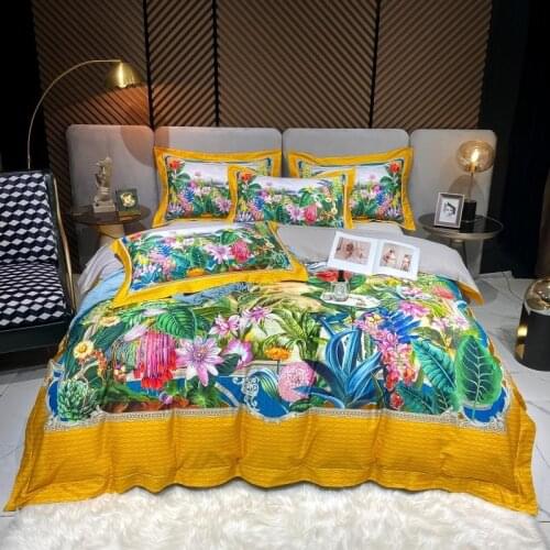 Vibrant Spring Garden Flower Tree Leaves Tropical Duvet Cover Set Long Staple Cotton Soft Bedding Set 4Pcs Bed sheet Pillowcases