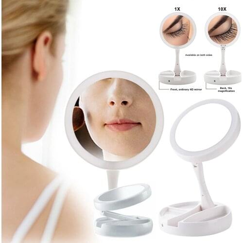 Portable Folding Makeup Mirror 1x/10x Magnifying Double Side Dimmable 21 LED