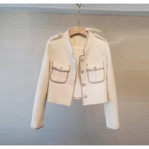 Stand Neck Tweed Cropped Jackets Women Long Sleeve Autumn Winter Vintage Coats Single Breasted Elegant Outwear Bomber Coat B582