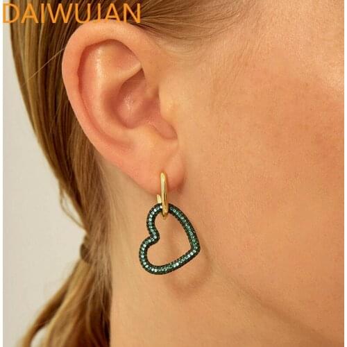 INS Fashion 925 Sterling Silver Heart Shaped Hoop Earrings Gold Purple Green White Zircon Pendnat Statement Earrings For Women