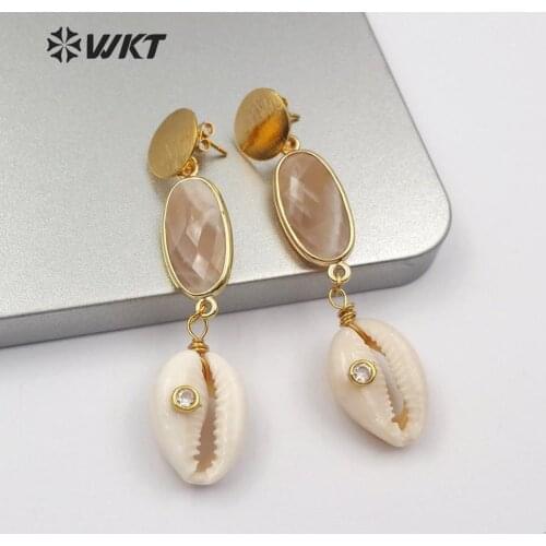 WT-E564 natural stone and cowrie with gold Earring water droplets shape and shell Earring women fashion long Earrings Jewelry