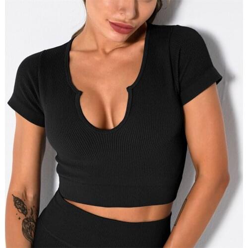 Ladies Seamless Tops Slim Fit T-Shirts V-Neck Yoga Shirts Solid Color Crop Tops Quick Dry Gym Tops Breathable Sports T-Shirts