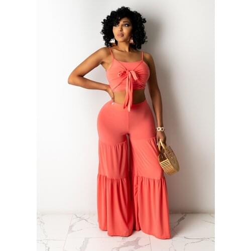 2021 New Arrival Fashion Design 2 pcs Women Set Solid Spaghetti Strap Short Tops Long Pants Summer Casual Outfits