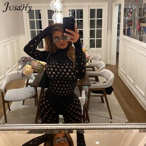 Jusahy Sext Hollow Out Zipper Jumpsuit Women Turtleneck See Through Plaid Hole Skinny Stretchy Bodycon Club Streetwear Rompers
