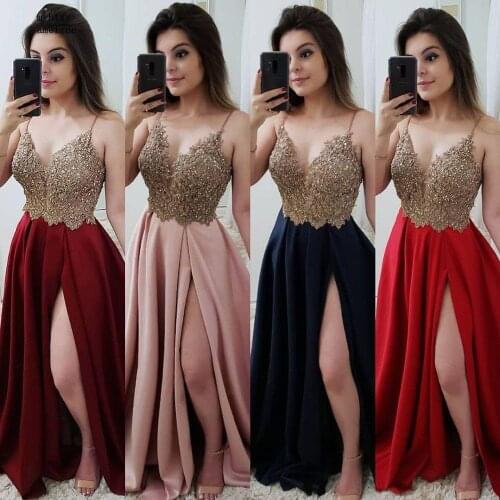 Vestidos De Gala Sexy Deep V-Neck Side Slit Evening Dresses 2020 Long Elegant Beading Lace Appliques Mermaid Evening Gowns Gala