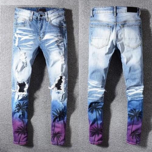 2020 New Style Mens Distressed Hollow Out Pants Art Painted Washed Blue Denim Skinny Jeans Slim Trousers Size 28-40