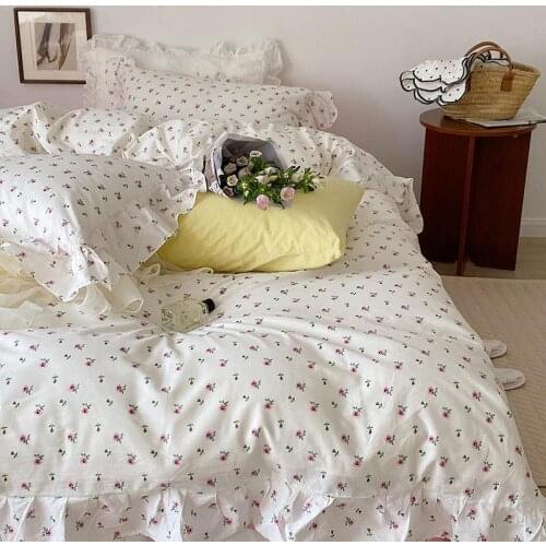 100% Cotton Vintage Rose Flowers Ruffled Duvet Cover Set for Girls Twin Queen 3/4pcs Machine Washable Breathable Bedding set