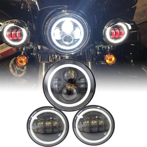 7" Inch Black Chrome LED Projector Motor Headlight + 4 1/2 Passing Lights For Touring Electra Glide