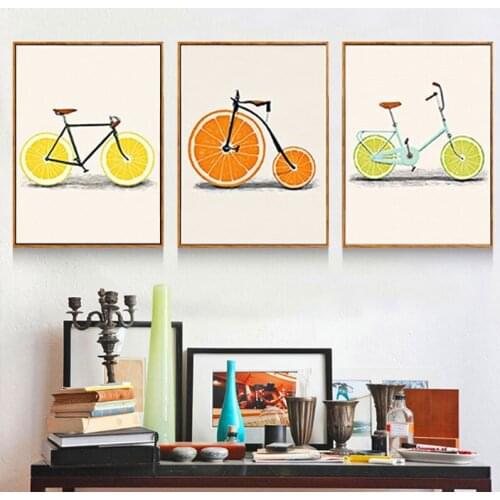 Abstract Lemon Orange Bicycle Poster Fruit Canvas Painting HD Print Painting Kitchen Decoration Nordic Poster Simple Style Wall