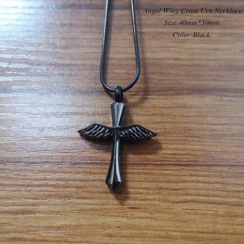 Black Color Winged Cross Cremation Jewelry Stainless Steel Angel Cross Memorial Ashes Jewelry to put Loved ones Cremains