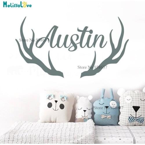 Reindeer horn Custom Name Antlers Deer Personalised Baby Room Decor Decal For Home Boy Girl Wall Sticker Wallpaper Mural BA073
