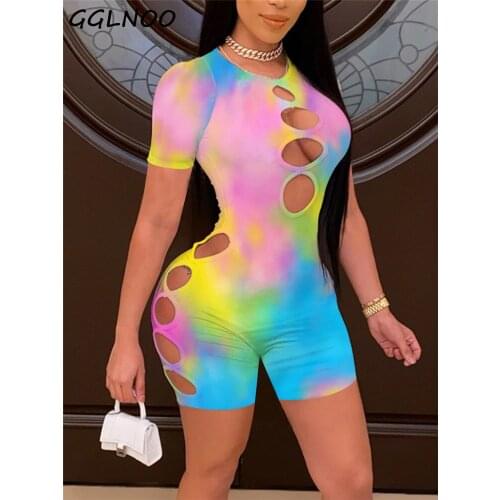 GGLNOO Women Outfits New 2021 Render Burnt Flowers Short Sleeve Skinny One Piece Romper Bodycon Playsuits GG23171