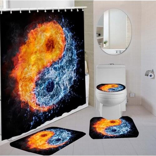 Yin and Yang Print 4 Piece Waterproof Bathroom Set with Hook Non Slip Rugs Carpet Bath Curtain Set Polyester Rug Mats Set Custom