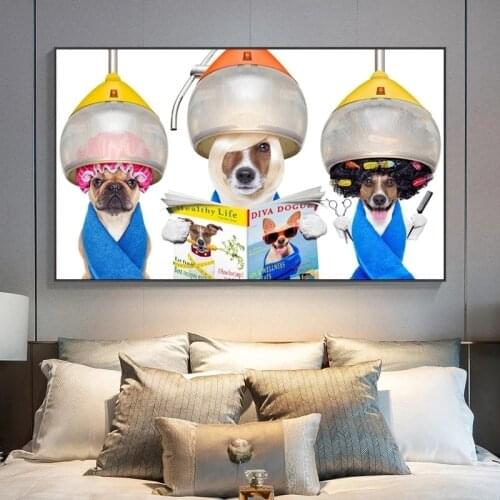Canvas Painting Funny Art Dogs Hairdresser Reading Magazine Poster and Print Wall Art for Living Room Home Decor Cuadros