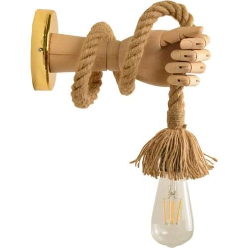 Creative Wooden Hand Wall Sconce with Adjustable Hemp Rope, Wall Light Fixture Industrial Lamp Fixture for Bar, Living Room Cafe