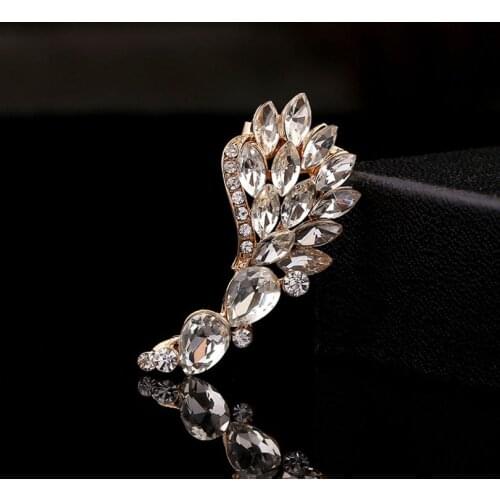 Fashion Popular Women Full Rhinestones Wing Ear Cuff Feather Gold Silver Plated Big Zircon Earcuff Clip Earrings
