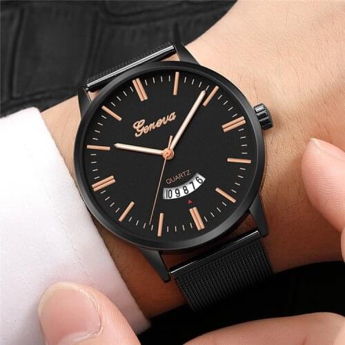 Mens Watch Mesh with Metallic Large Dial Military Quartz Sport Watch Elegant Mens Watch Calendar Relogio Masculino
