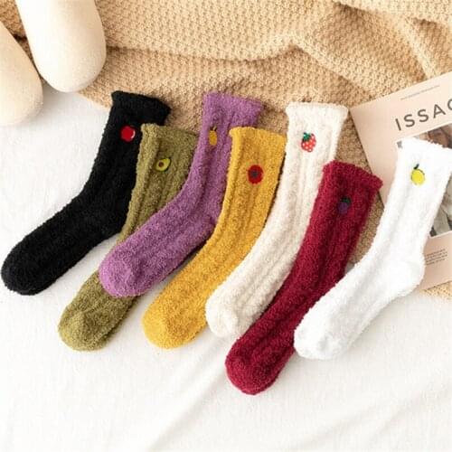 1 Pair Women Plush Coral Fleece Socks Autumn Winter Thick Warm Fruit Pattern Printing Female Middle Tube Floor Sleep Sox