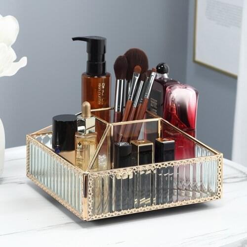 VoltaBox 2021 New Square Rotating Glass Storage Box Five Grid Partition Large Capacity Cosmetic Box Lipstick Storage Rack